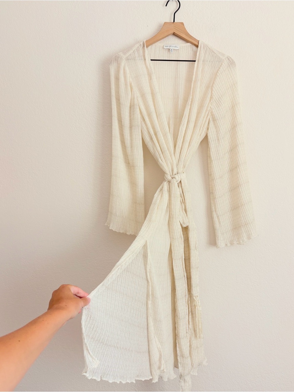 Vici Cream Sheer Tie-Front Swim Fringe Coverup